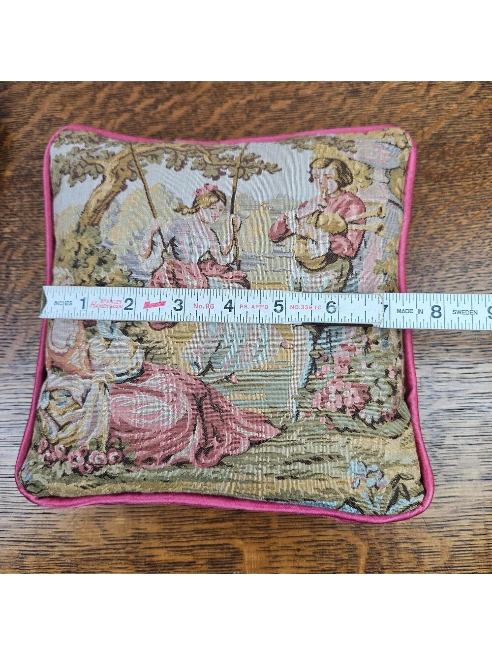 Pair Vintage French Country Tapestry Pillows Pastoral Courting Scenes Pink